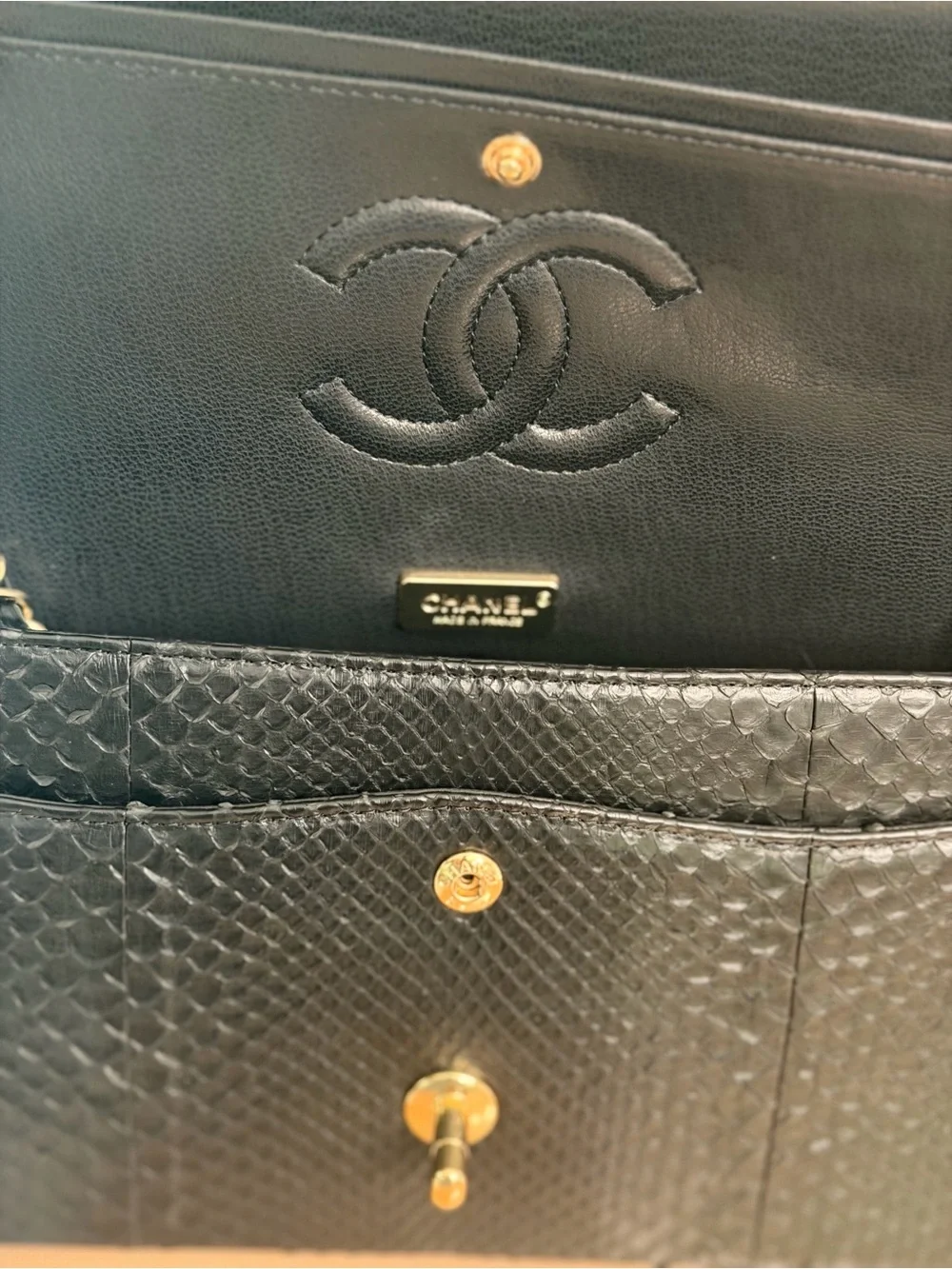 Black Genuine Python Chain Crossbody Bag Double Flap GHW